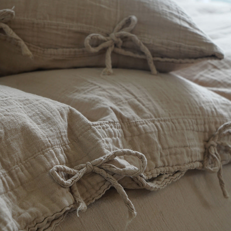 Tie-Detail Double Gauze Cotton Bedding Set – Beige Brown, fabric and edge detail - Roomden