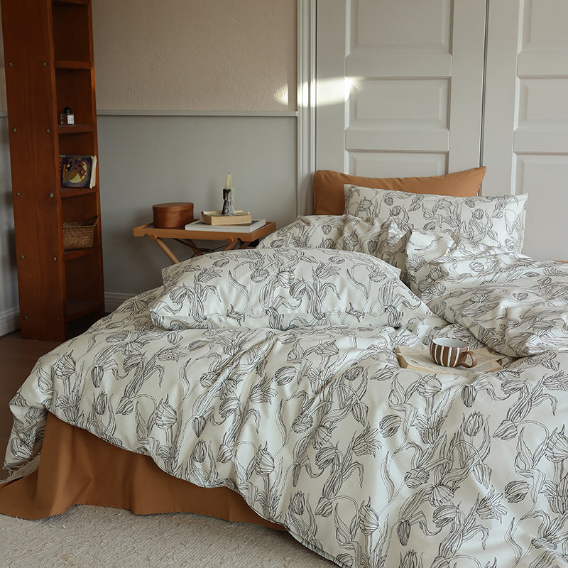 Ivory Botanical Line Drawing Cotton Bedding Set with coordinating bedding — view 1