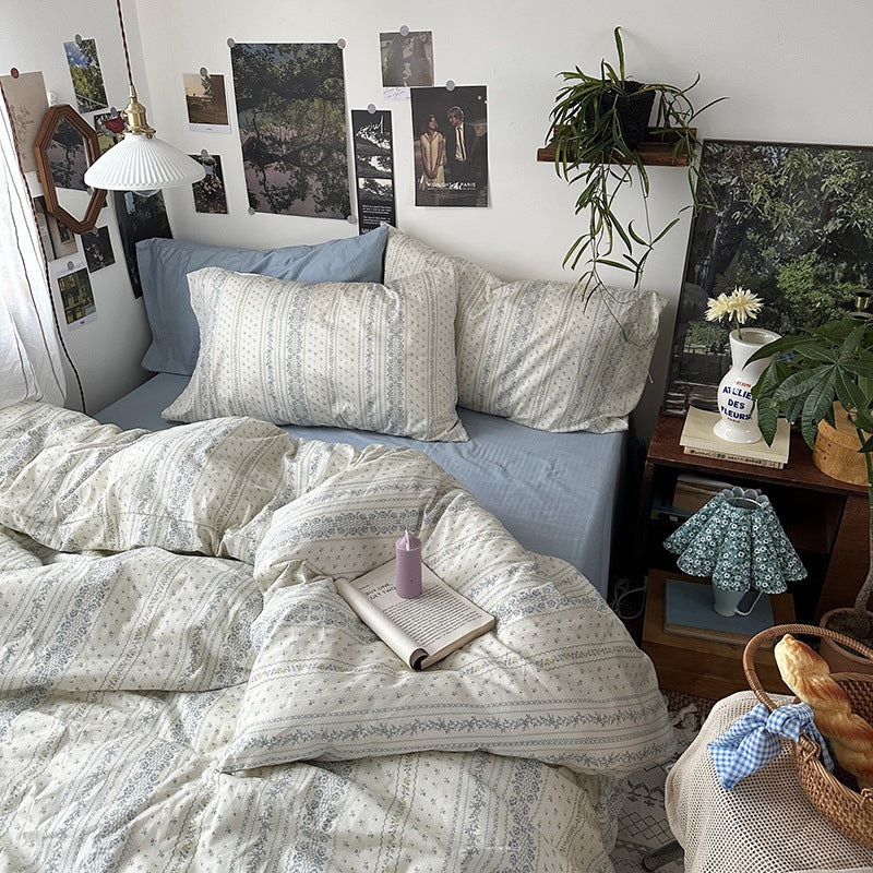 Ivory Blue Floral Stripe Cotton Bedding Set – complete bed scene with coordinating pillow styling - Roomden