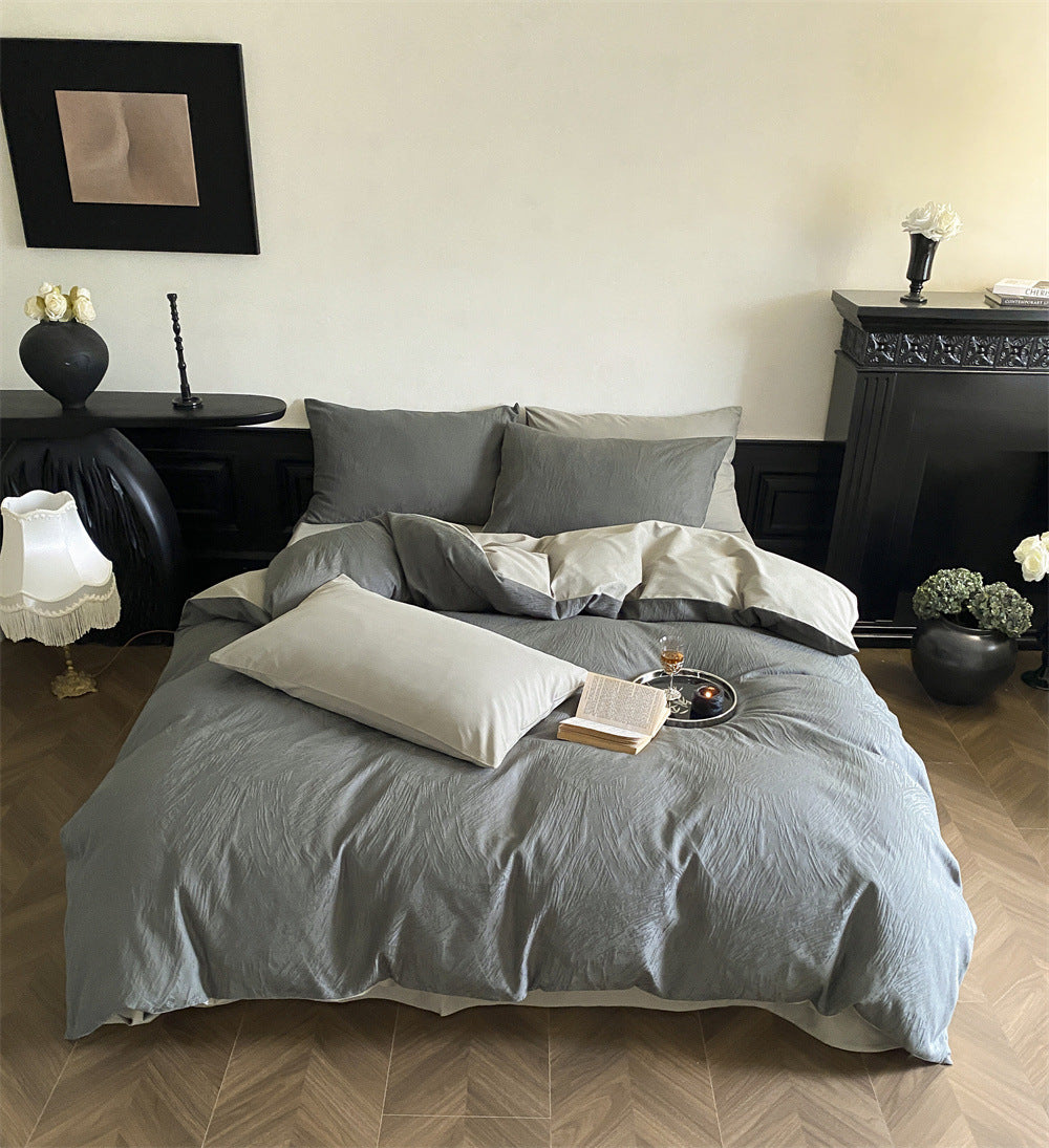 Brushed cotton jacquard bedding set – Slate Fern, full bed arrangement - Roomden
