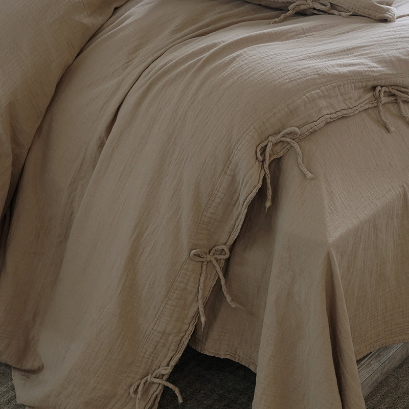 Tie-Detail Double Gauze Cotton Bedding Set – Beige Brown, fabric and edge detail - Roomden