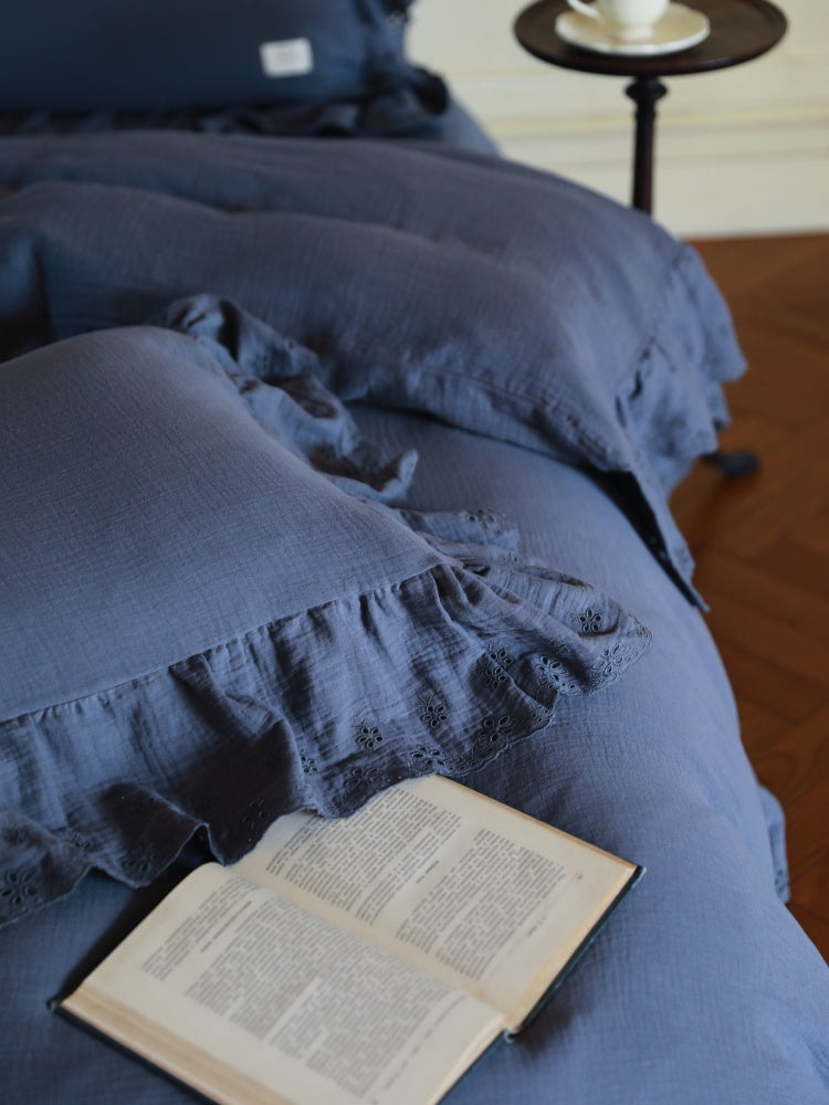 Soft Ruffle Cotton Double Gauze Bedding Set – near view of dusty blue ruffles and cotton folds - Roomden