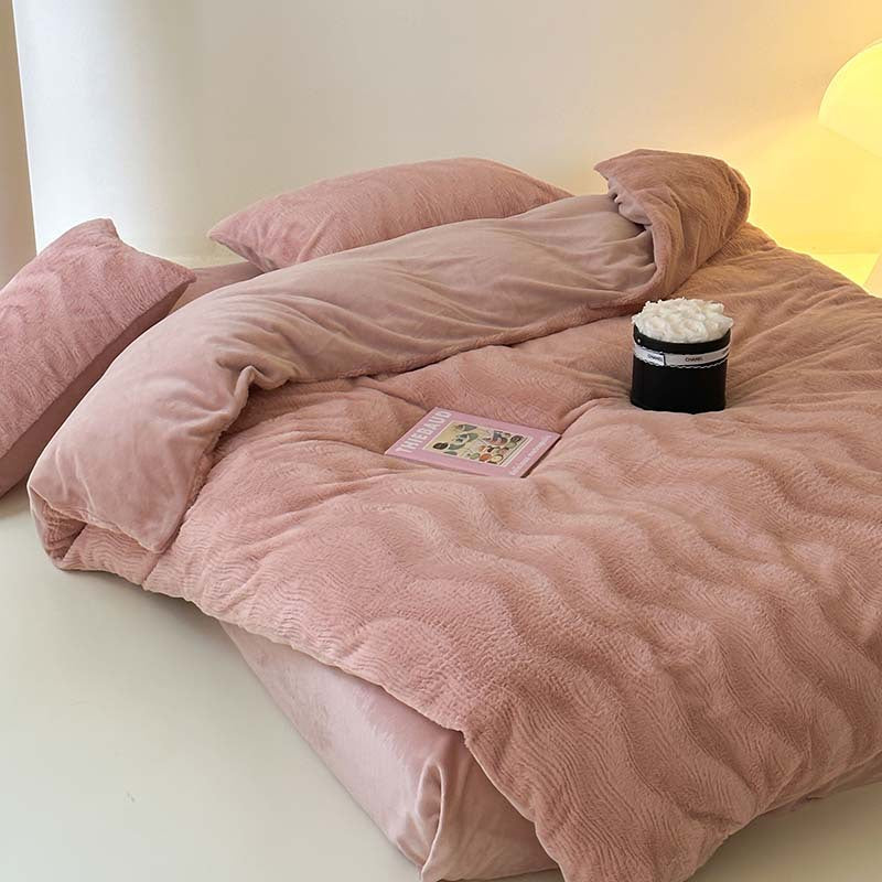 Wave textured plush bedding – blush pink bed with the plain reverse folded back - Roomden
