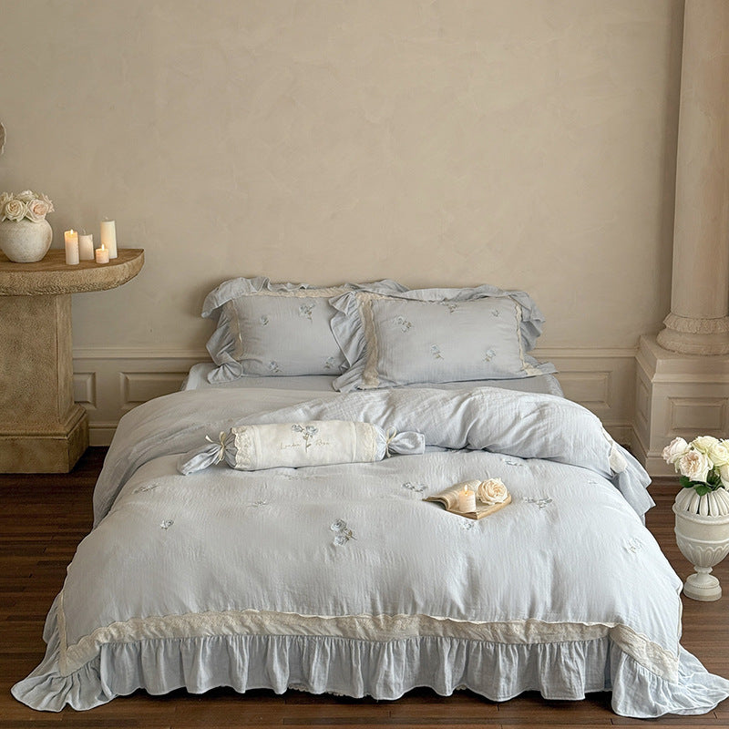 Fleuret Ruffle Lace Cotton Bedding Set - Powder Blue