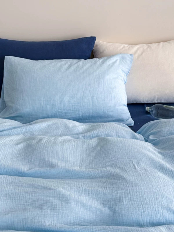 Double Gauze Cotton Bedding Set - Blue + Dark Blue
