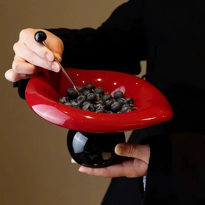 Wavy-Rim Ceramic Pedestal Fruit Bowl with Drainage Base