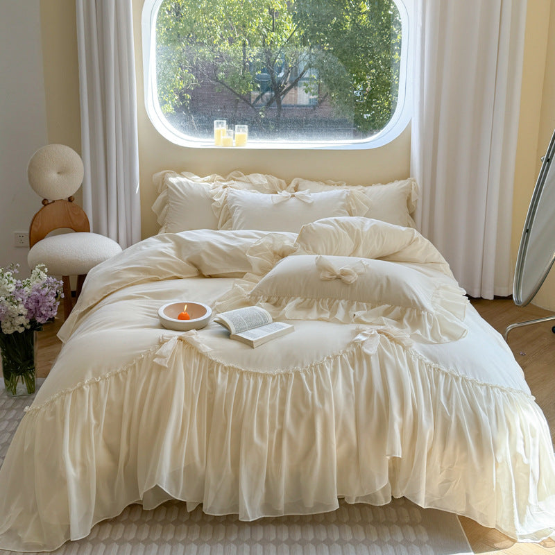 Pure Cotton Ribbon Bow Lace Ruffle Bedding Set - Cream