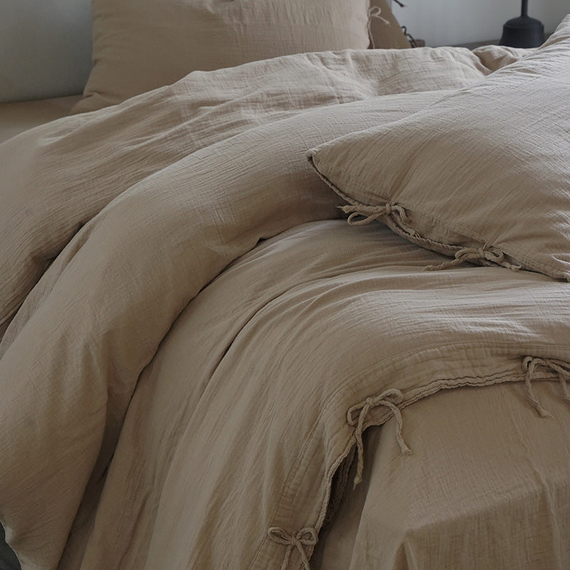 Tie-Detail Double Gauze Cotton Bedding Set – Beige Brown, fabric and edge detail - Roomden