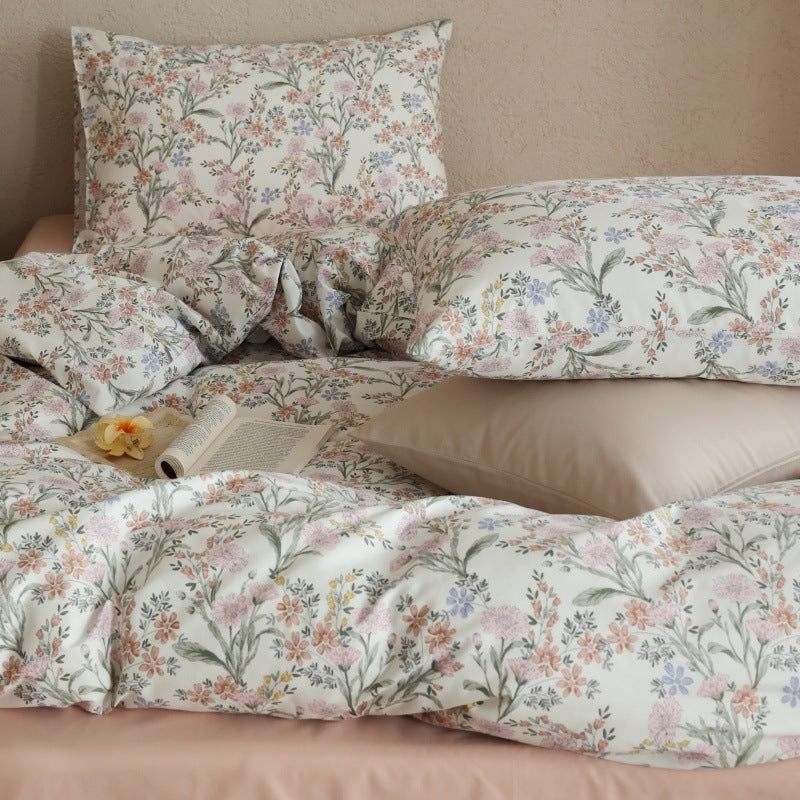 Ivory Garden Bouquet Cotton Bedding Set with coordinating pillow styling - Roomden