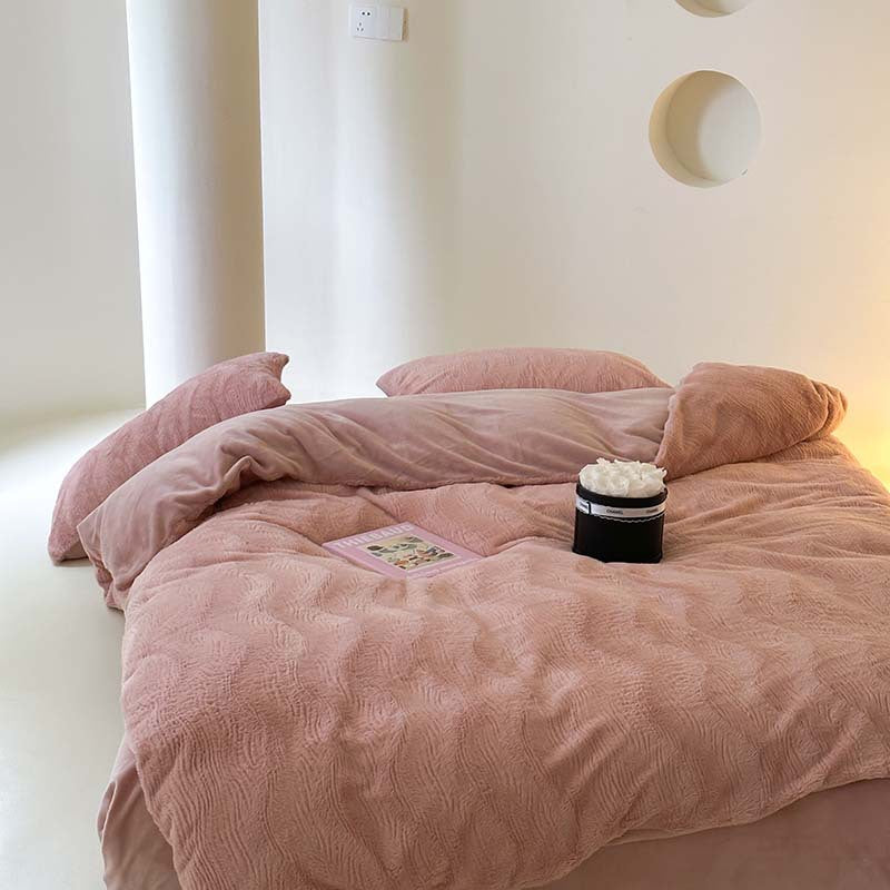 Wave textured plush bedding – blush pink front angled view of the textured duvet - Roomden