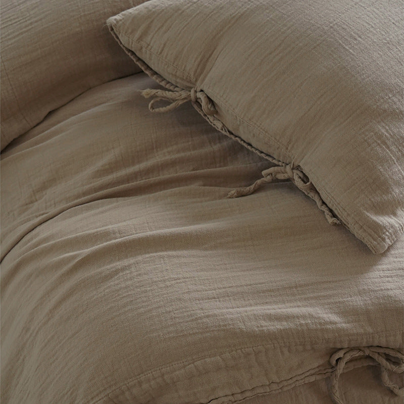 Tie-Detail Double Gauze Cotton Bedding Set – Beige Brown, fabric and edge detail - Roomden
