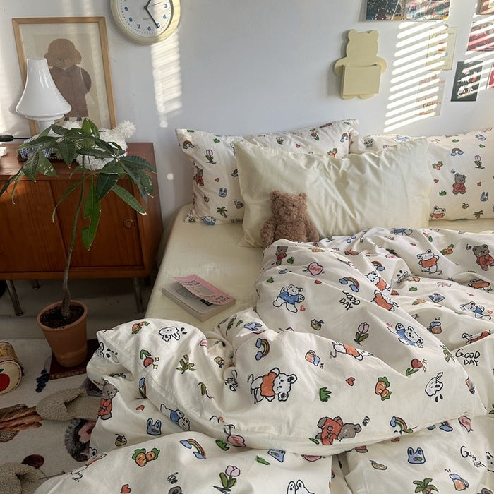 Ivory Colorful Cartoon Cotton Bedding Set – full bed scene with coordinating pillow styling - Roomden