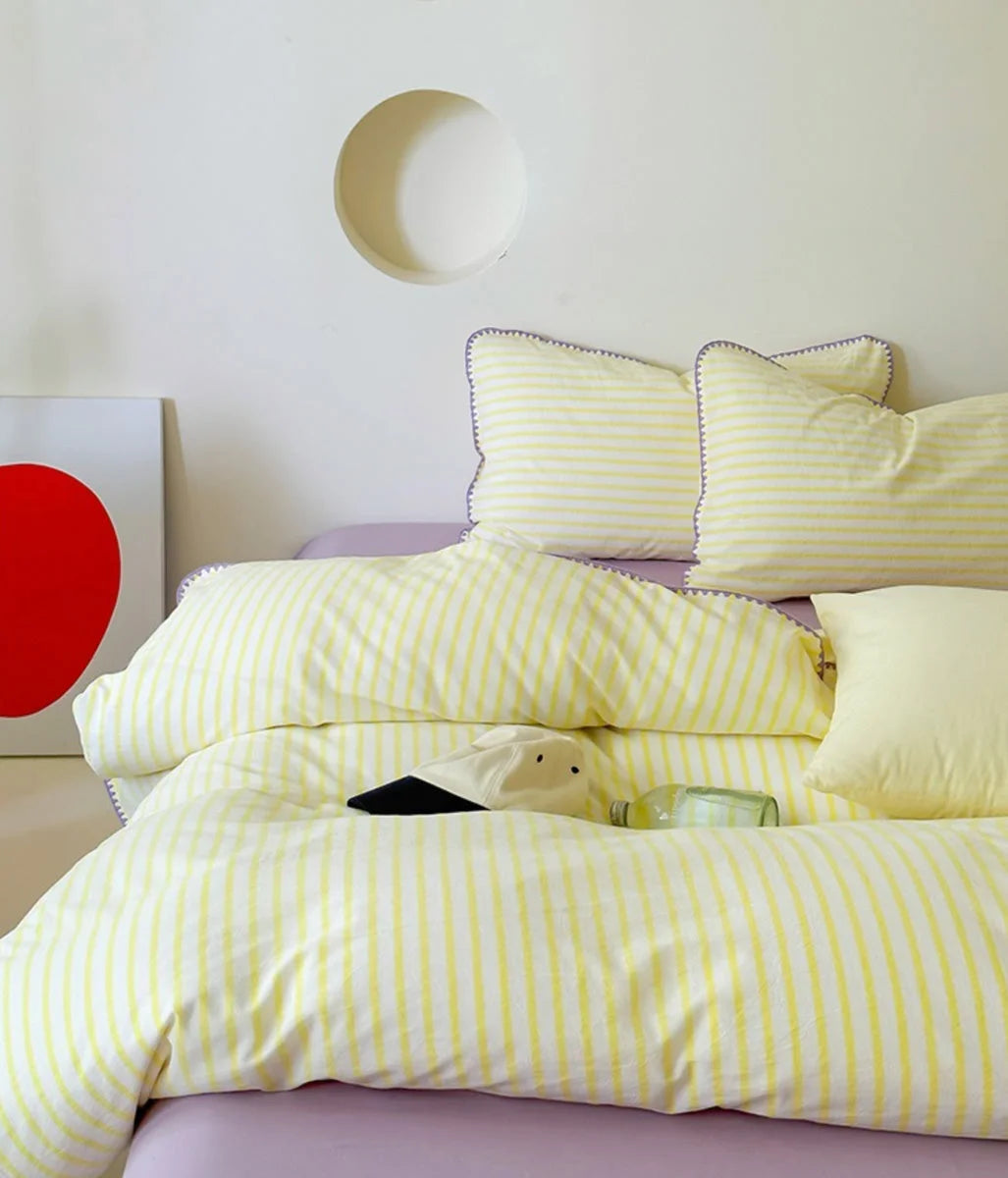 Bright Yellow Striped Duvet Cover with Purple Wavy Edge - RoomDen
