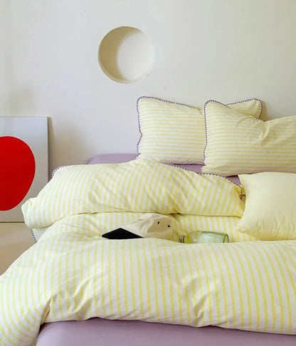 Bright Yellow Striped Duvet Cover with Purple Wavy Edge - RoomDen