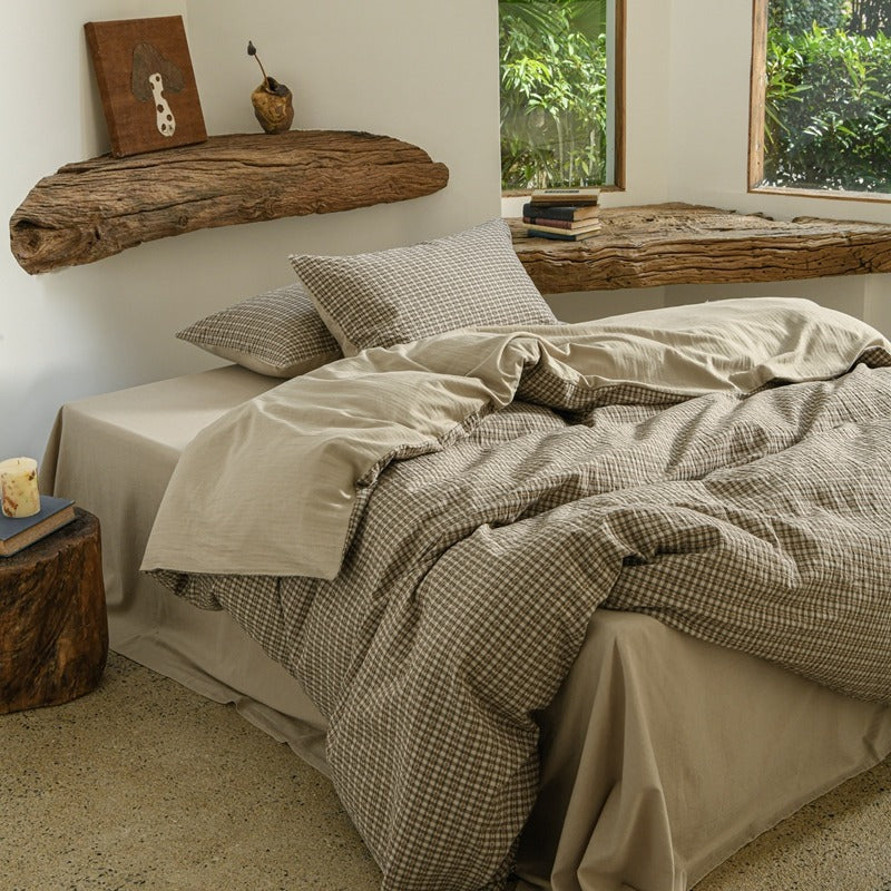 Amberlyn Taupe Mini Check cotton bedding set – closer view of the coordinated pillows and duvet - Roomden