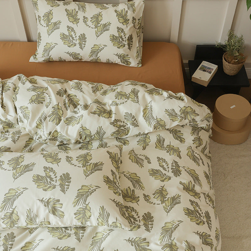 Ivory Olive Leaf Cotton Bedding Set with coordinating pillow styling - Roomden