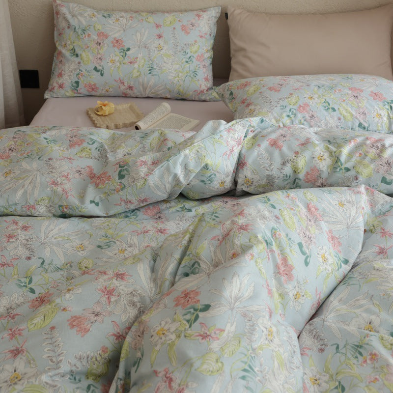 Pale Blue Garden Floral Cotton Bedding Set with coordinating pillow styling - Roomden