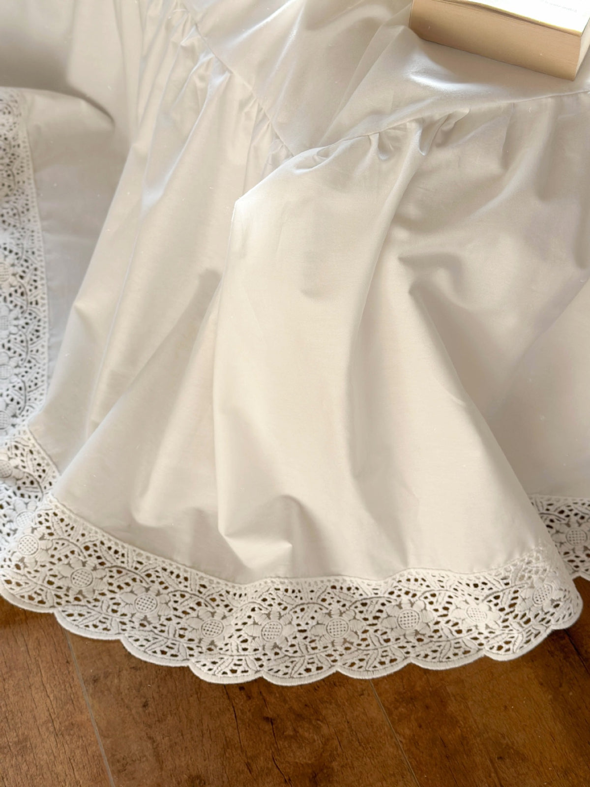 Ruffled Double Gauze Cotton Bedding Set – Ruffled Ivory, fine lace trim along the ruffled ivory sheet - Roomden