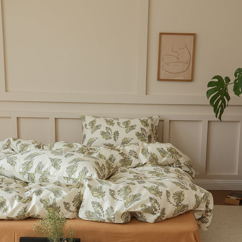 Wide view of ivory olive leaf cotton bedding - Roomden