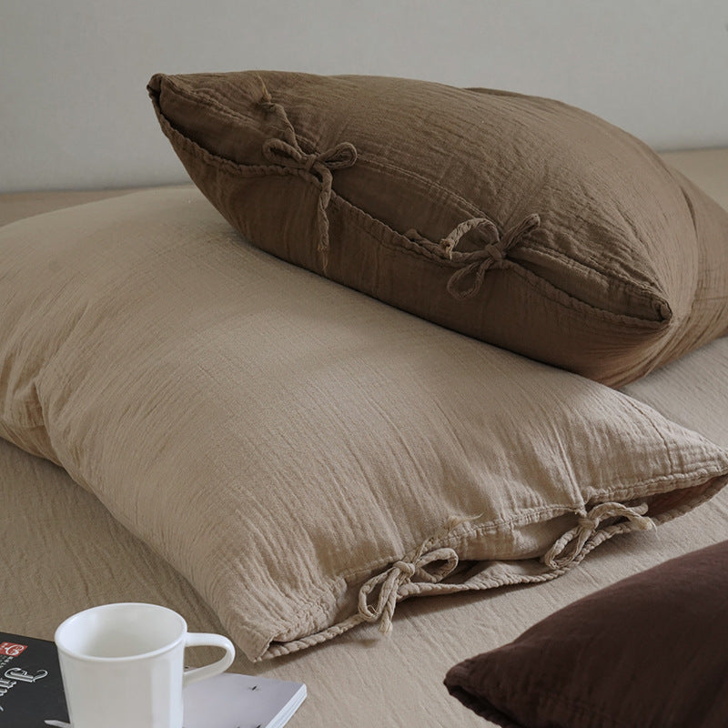 Tie-Detail Double Gauze Cotton Bedding Set – Beige Brown, fabric and edge detail - Roomden