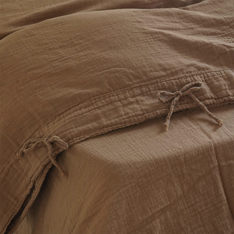 Tie-Detail Double Gauze Cotton Bedding Set – Caramel Brown, fabric and edge detail - Roomden