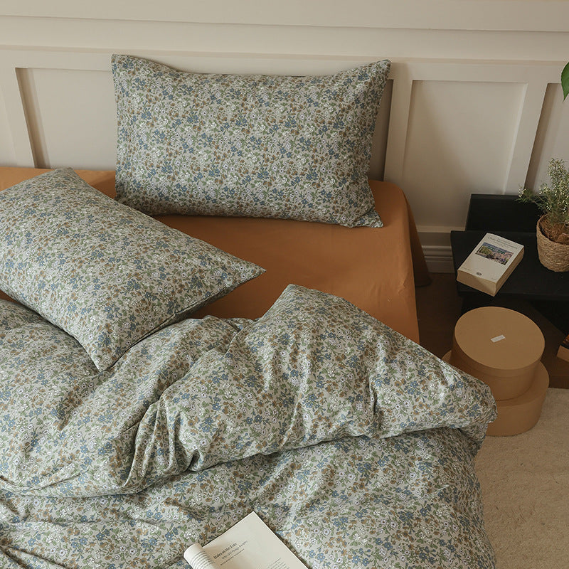 Ivory Blue Green Ditsy Cotton Bedding Set with coordinating pillow styling - Roomden