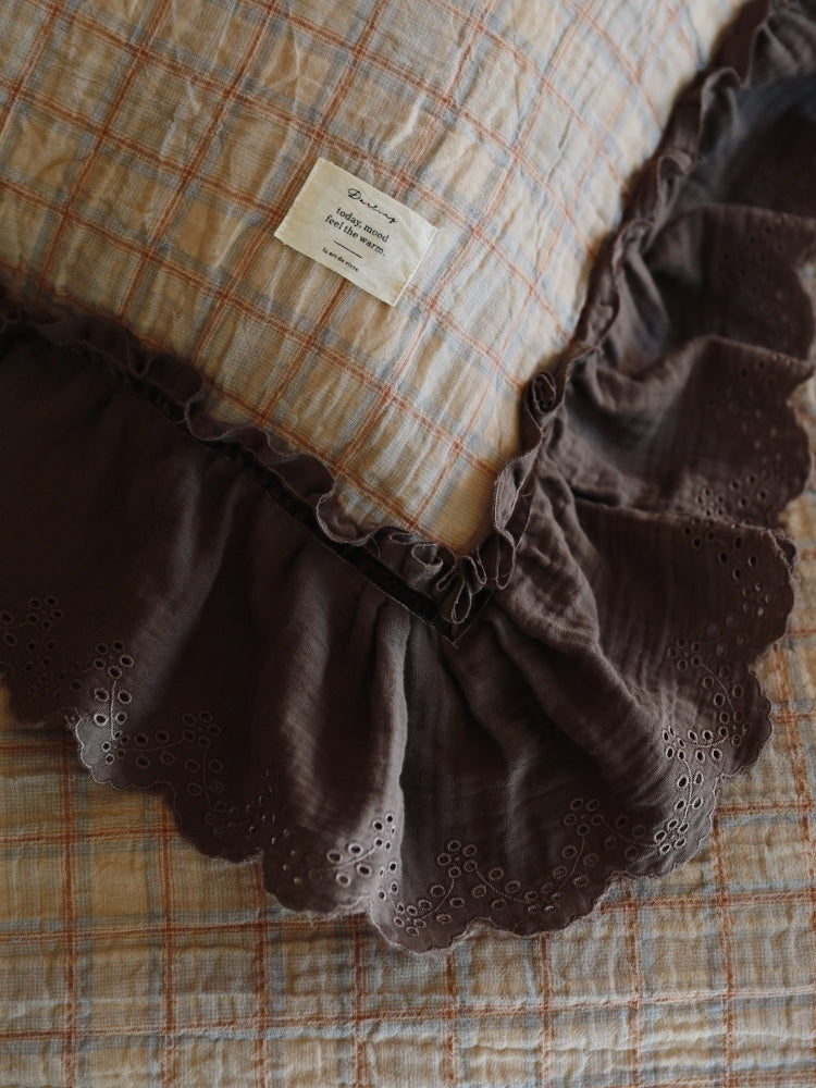 Contrast Ruffle Checked Cotton Gauze Bedding Set – close detail of fine checks and gathered cocoa trim - Roomden