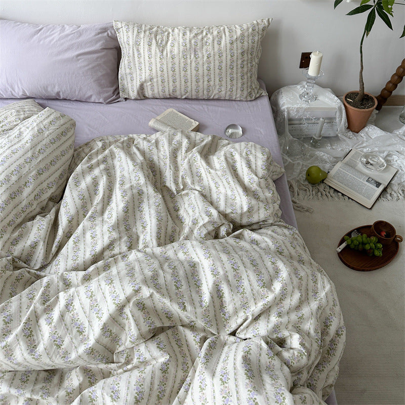 Ivory Lilac Floral Stripe Cotton Bedding Set – full bed scene with coordinating pillow styling - Roomden