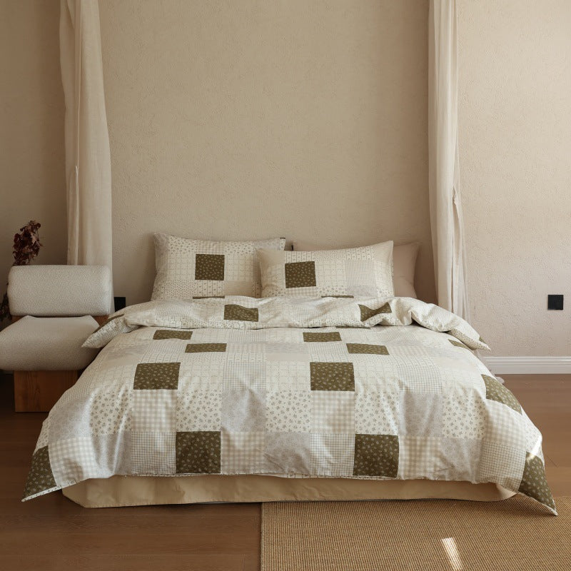 Ivory Olive Patchwork Print Cotton Bedding Set with coordinating pillow styling - Roomden