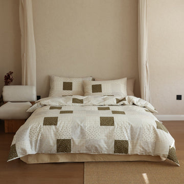 Ivory Olive Patchwork Print Cotton Bedding Set