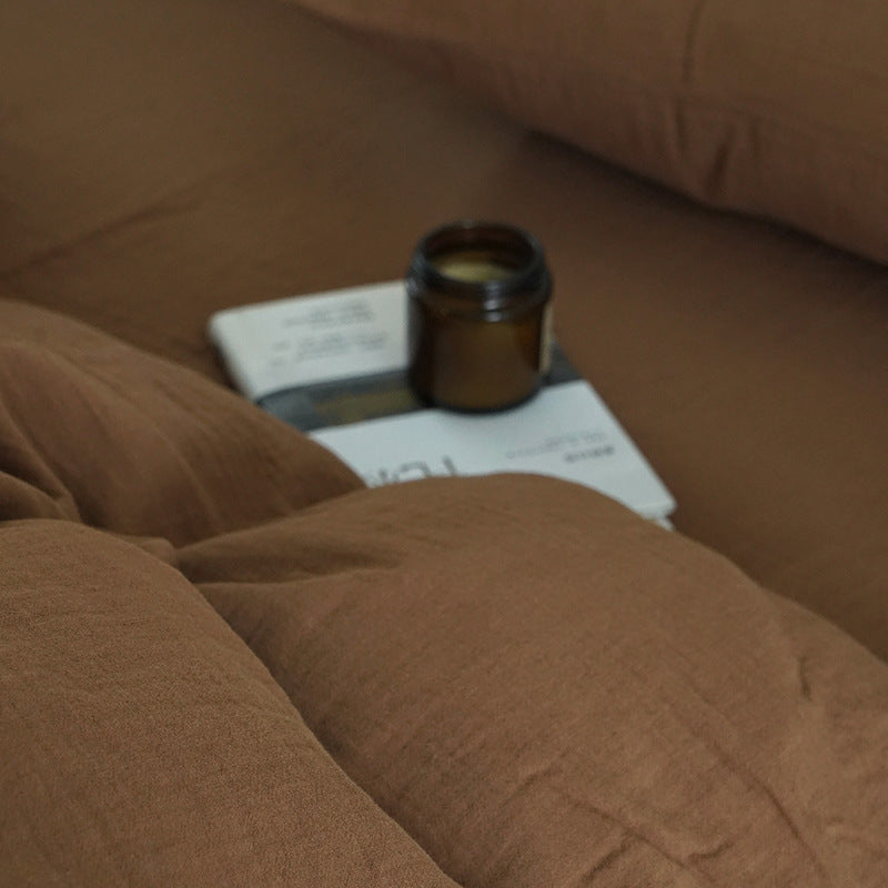 Tie-Detail Double Gauze Cotton Bedding Set – Caramel Brown, fabric and edge detail - Roomden