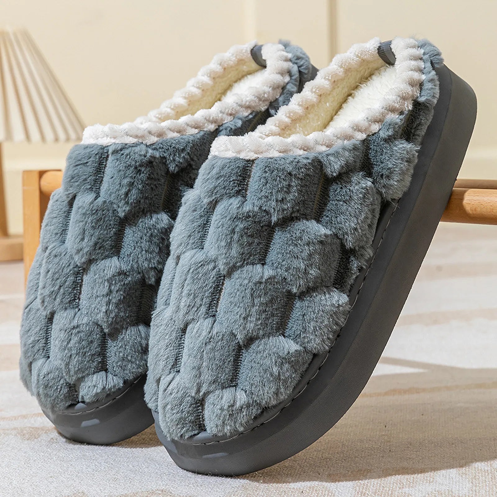 Charcoal Grey Textured House Slippers side view showing thick sole - RoomDen