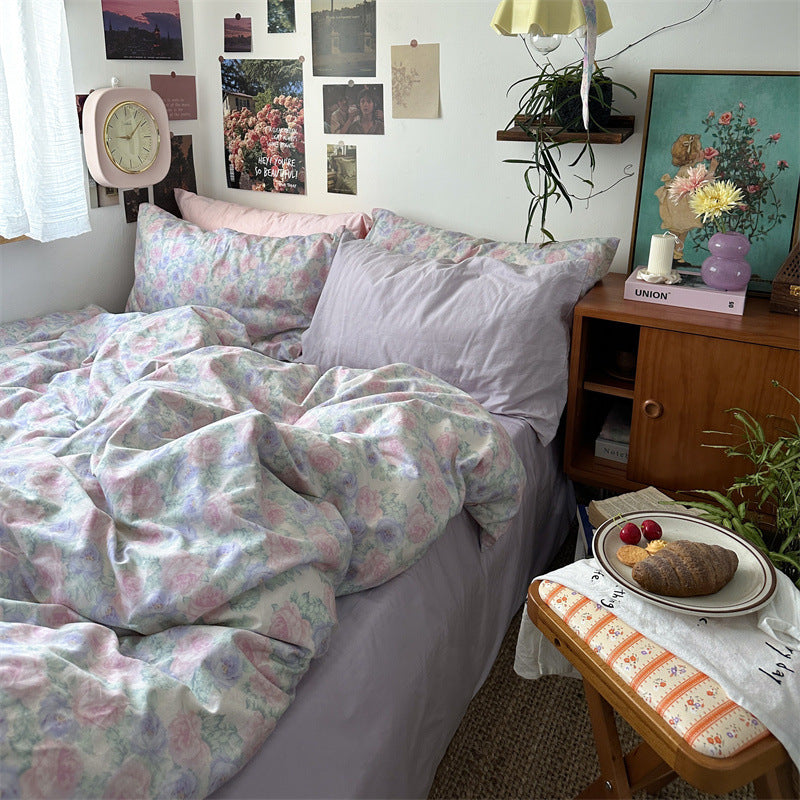 Pastel Garden Floral Cotton Bedding Set – full bed scene with coordinating pillow styling - Roomden