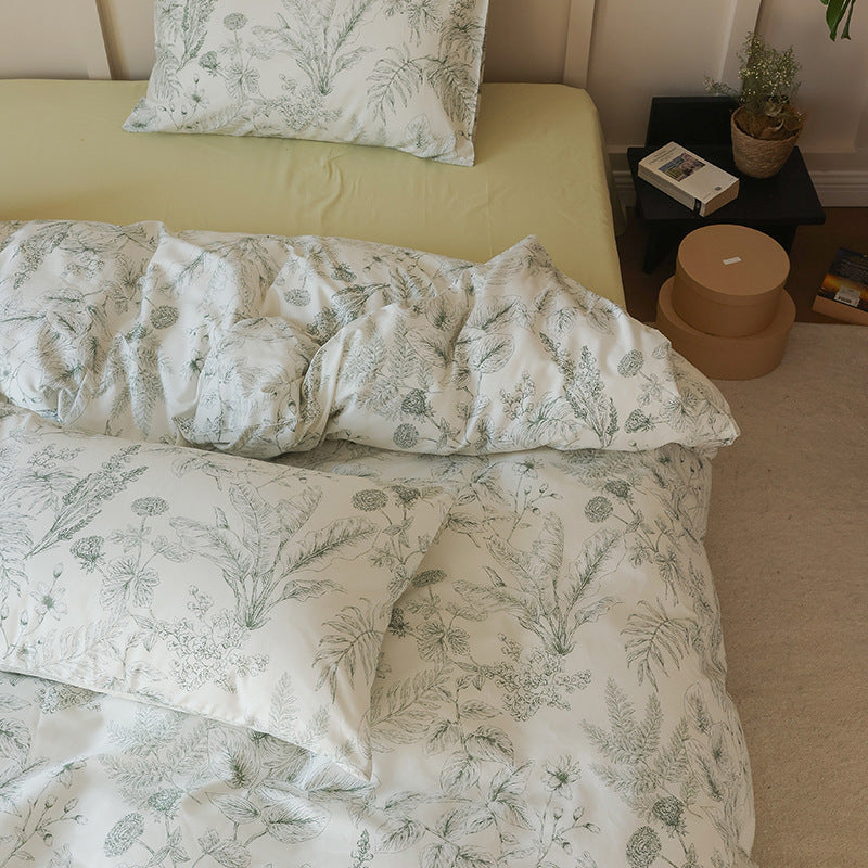 Ivory Green Botanical Sketch Cotton Bedding Set with coordinating pillow styling - Roomden