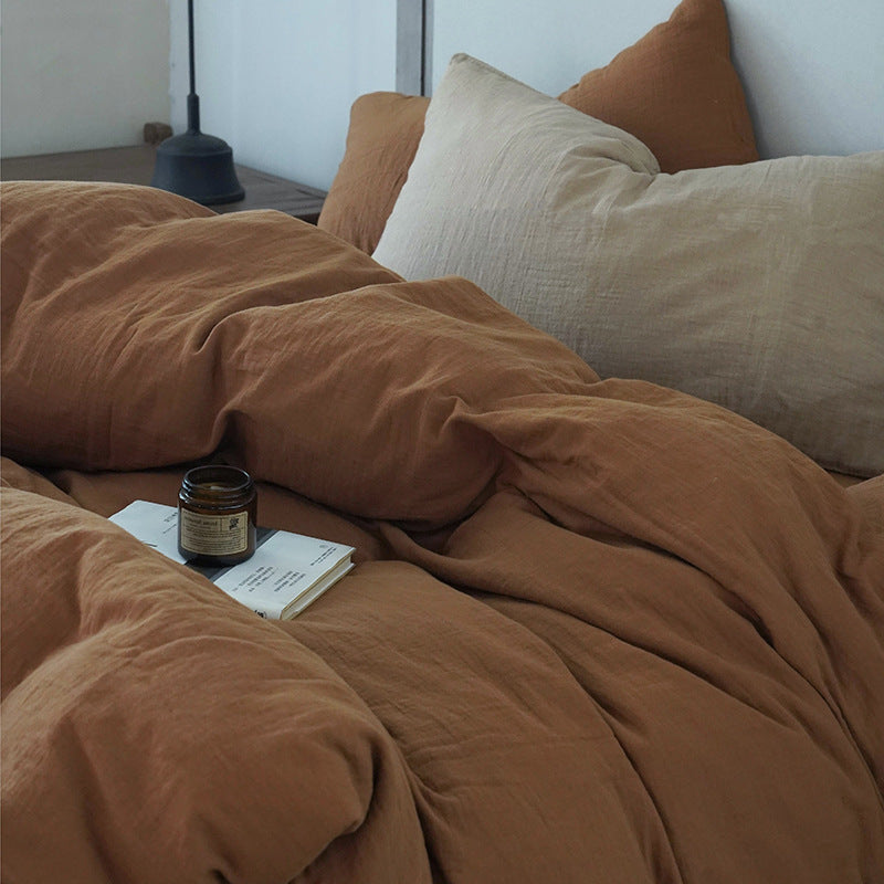 Tie-Detail Double Gauze Cotton Bedding Set – Caramel Brown, bed arrangement - Roomden