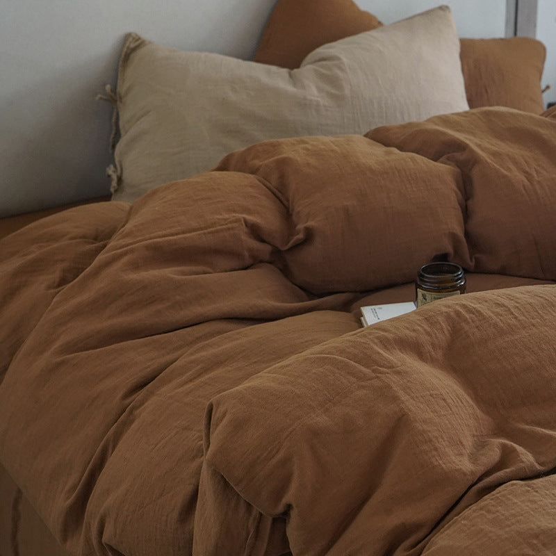 Tie-Detail Double Gauze Cotton Bedding Set – Caramel Brown, bed arrangement - Roomden