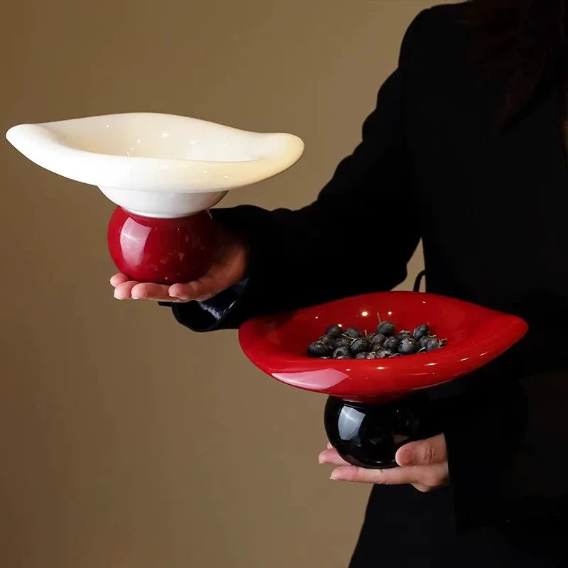 Wavy-Rim Ceramic Pedestal Fruit Bowl with Drainage Base