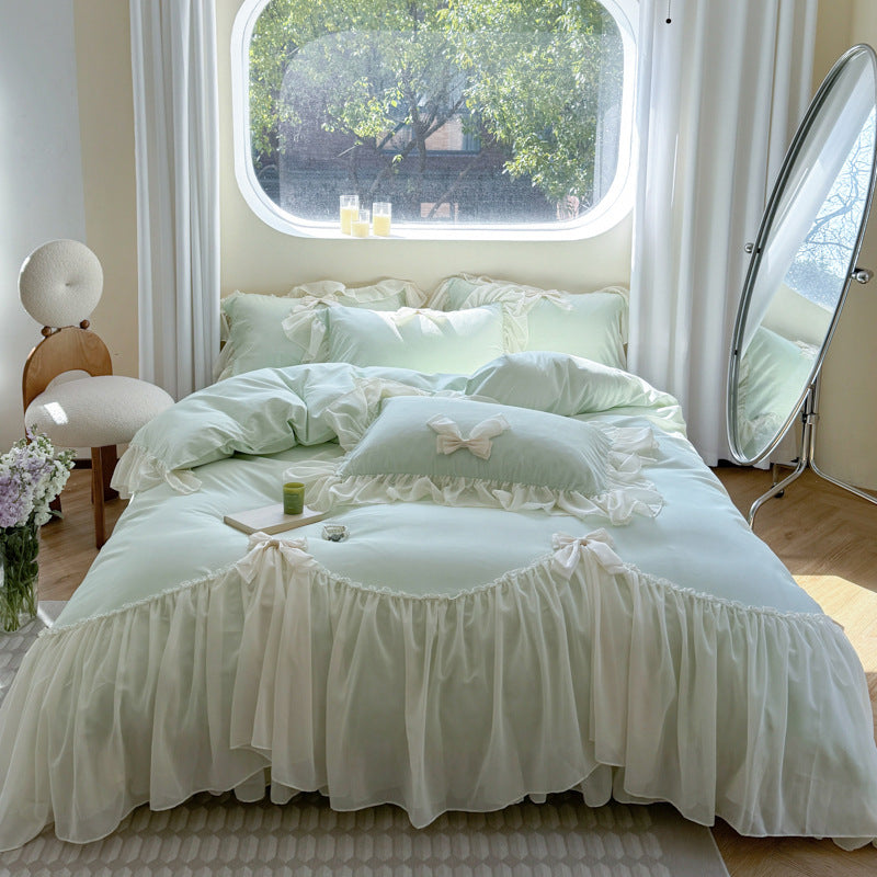 Pure Cotton Ribbon Bow Lace Ruffle Bedding Set - Mint Green