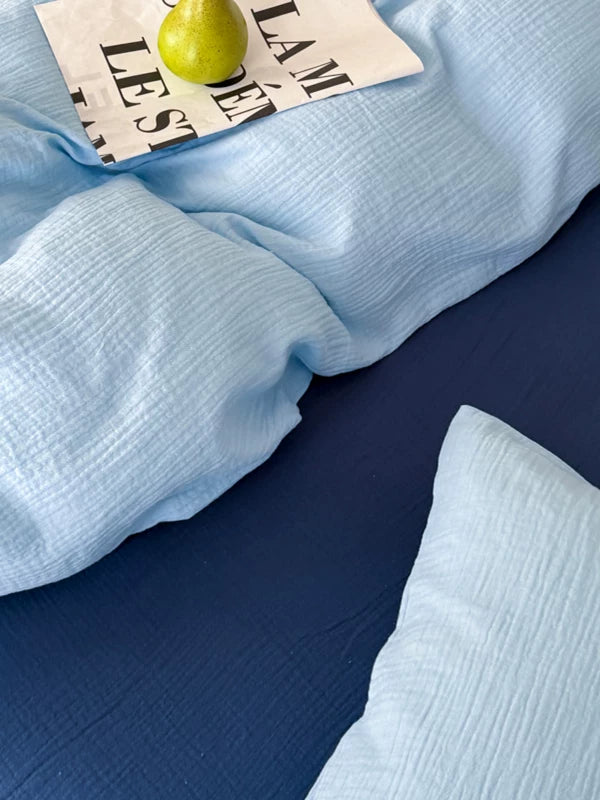 Double Gauze Cotton Bedding Set - Blue + Dark Blue