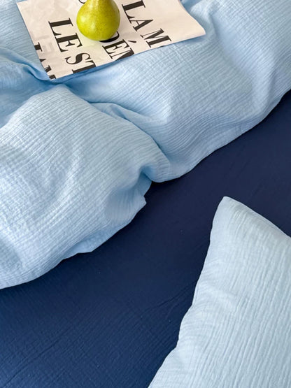 Double Gauze Cotton Bedding Set - Blue + Dark Blue