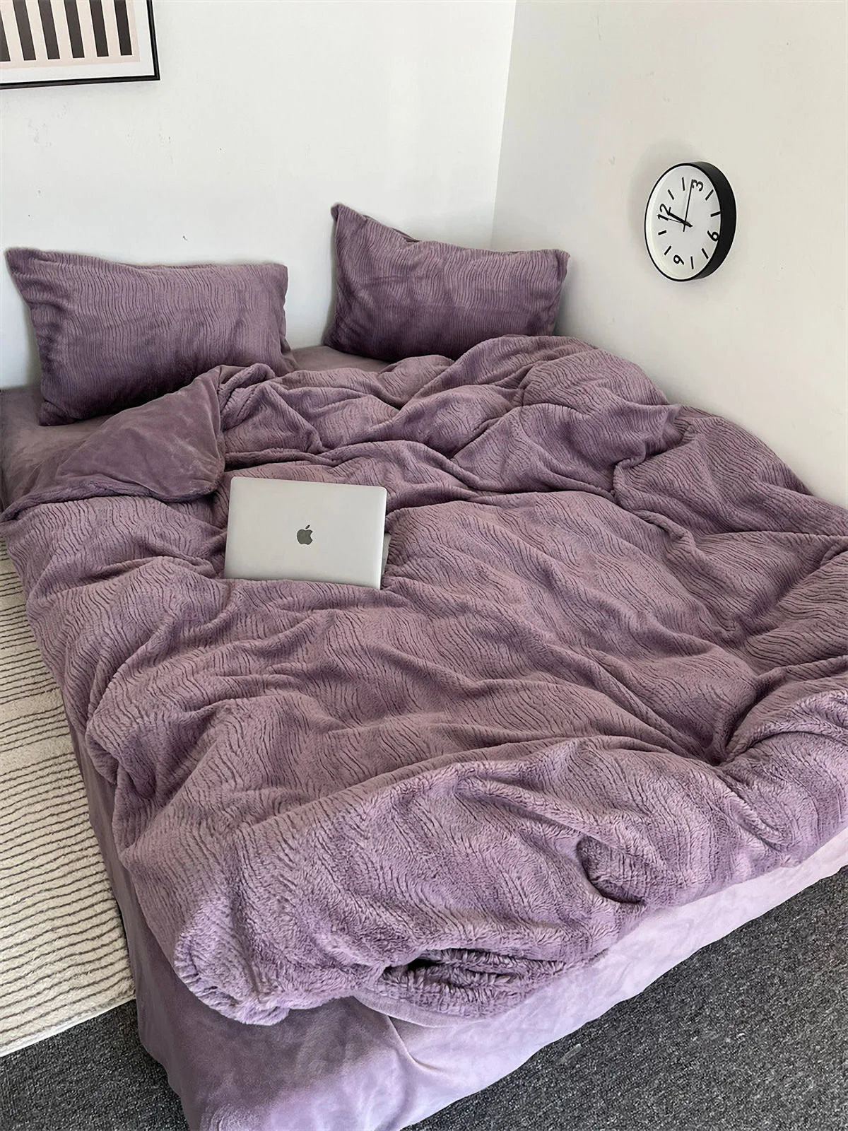 Wide shot of the cozy Dusty Lavender fleece bedding set, creating a relaxing and inviting bedroom vibe. - RoomDen