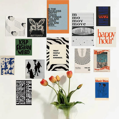 Indie Aesthetic Wall Collage Kit displayed on a white wall above a vase of tulips, showing a potential layout - RoomDen