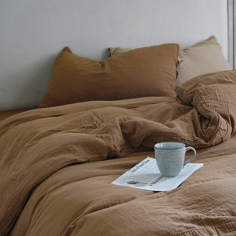 Tie-Detail Double Gauze Cotton Bedding Set – Caramel Brown, bed arrangement - Roomden