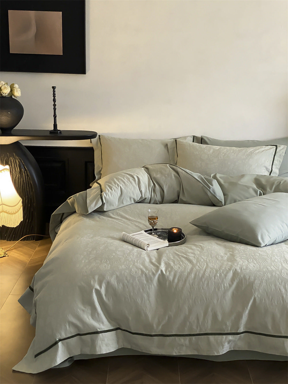 Brushed cotton jacquard bedding set – Sage Vine, alternate view of the duvet and pillows - Roomden