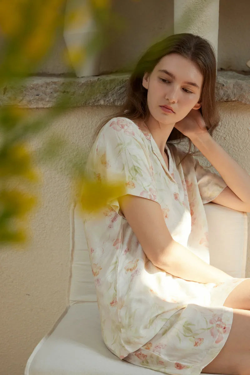 RoomDen Cottagecore Morning Routine Wear - Model sitting down in soft lighting