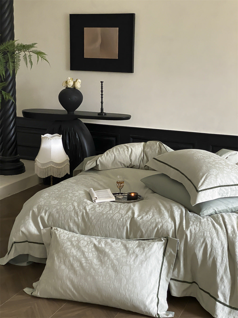 Brushed cotton jacquard bedding set – Sage Vine, alternate view of the duvet and pillows - Roomden