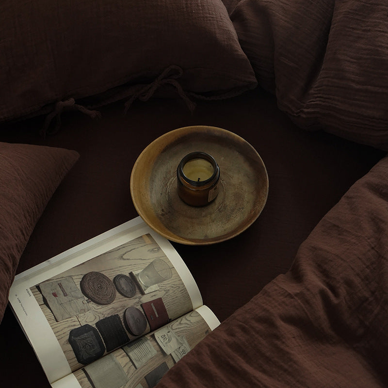 Tie-Detail Double Gauze Cotton Bedding Set – Coffee Brown, fabric and edge detail - Roomden