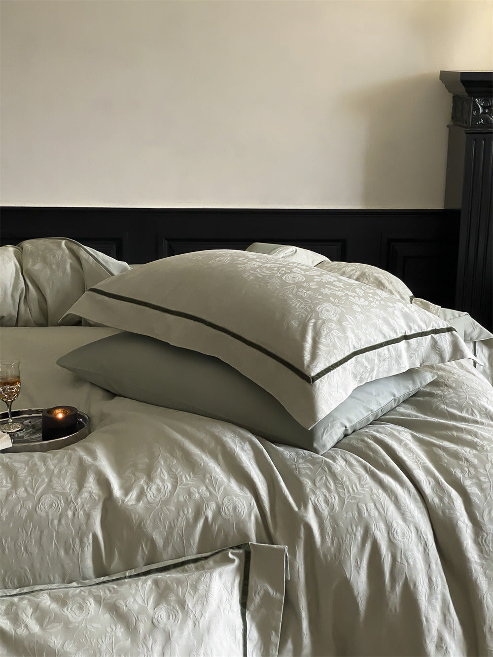 Brushed cotton jacquard bedding set – Sage Vine, close view of jacquard fabric and pillows - Roomden