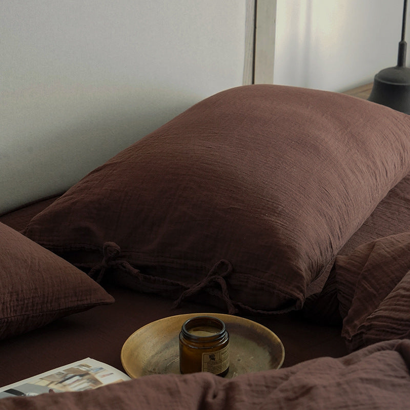 Tie-Detail Double Gauze Cotton Bedding Set – Coffee Brown, fabric and edge detail - Roomden
