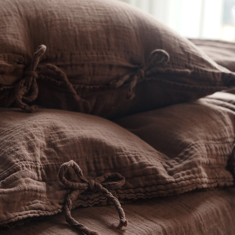 Tie-Detail Double Gauze Cotton Bedding Set – Coffee Brown, fabric and edge detail - Roomden